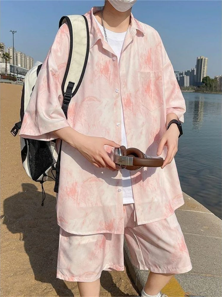 

Men's Two-piece Set Summer Wear Ice Silk Flower Shirt and Comfortable Shorts Loose Fit Beach Party Casual