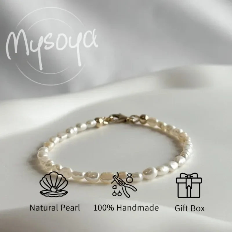 

MYSOYA 3-4 мм натуральный белый рис в форме пресноводного жемчуга браслет с подарочной коробкой свадьба, день рождения, юбилей, ювелирное изделие, подарок
