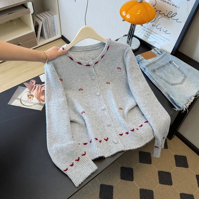 Cárdigan de punto coreano con decoración de setas para mujer, suéter suave de manga larga con cuello redondo a la moda, Tops sueltos y suaves para mujer