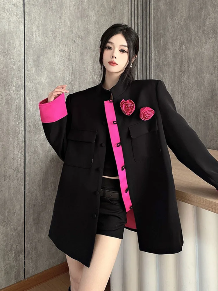 Hit Color Spliced Appliques Loose Blazers For Women Lapel Long Sleeve Tunic Temperament Coat Female Fashion Style 2025