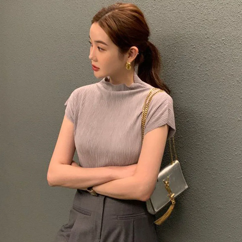 

Slim Fit ort Sve irt Women's Chic Summer Simple Sle Design Sense Texture Sensation Pile Ne Design ort irt