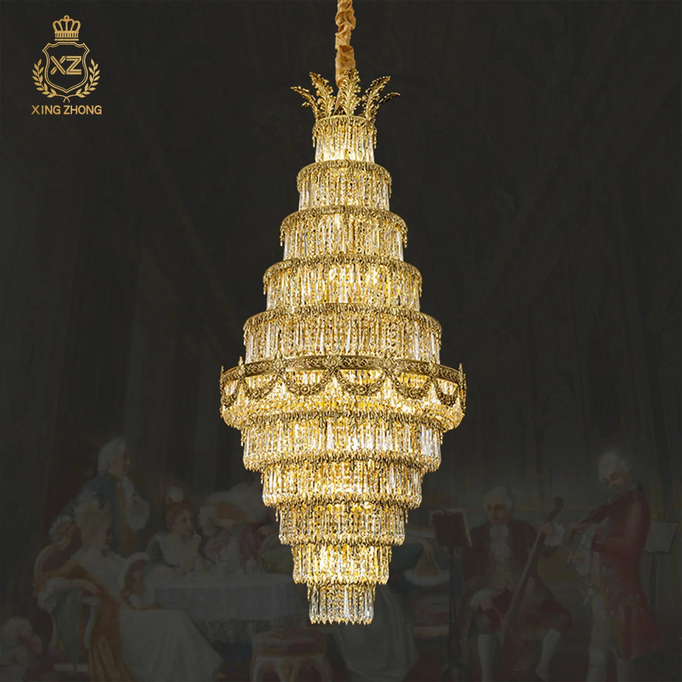 European Neo Classic Luxury Villa Duplex Living Room Crystal Long Strip Pendant Light Banquet Hall Church Brass Pendant Lamp