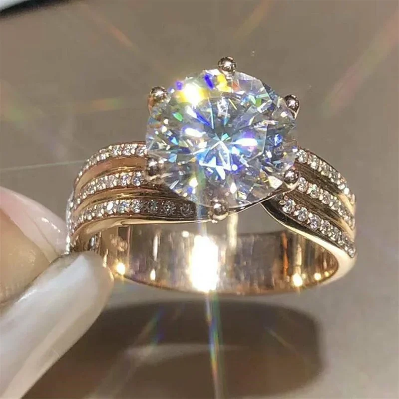 Classic 3 Colors Round Shape Inlaid White Zircon Crystal Rhinestone Ring For Women Wedding Party Jewelry Accessories Size 6-11