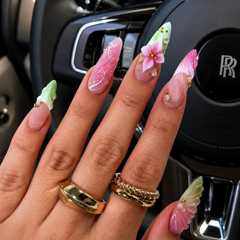24Pcs Pink Green Gradient Press On Nails 3D Flower Shell Pearl Decor Reusable False Nail Tips