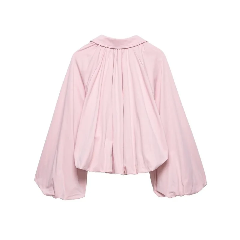 Women's Spring Autumn Cute Pink Lapel Puff Sleeve Pleated Long Sleeve Jacket, Zip Up, Sweet and Versatile for Daily Wear