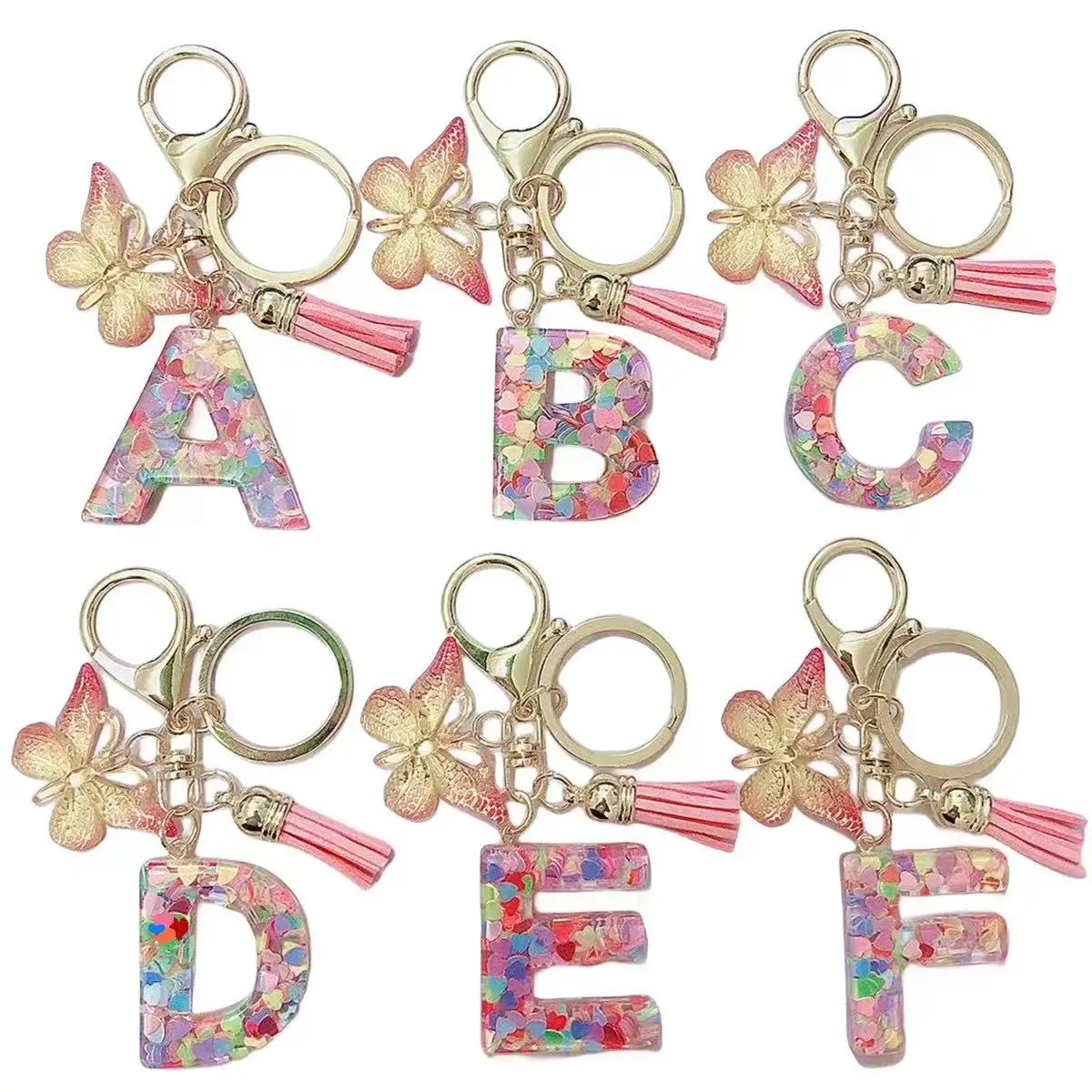 

2Pcs Resin Letter Key Chains Epoxy Resin Heart-shaped Sequins Keychains Popular Butterfly Pendant Accessories Keychain for Bags