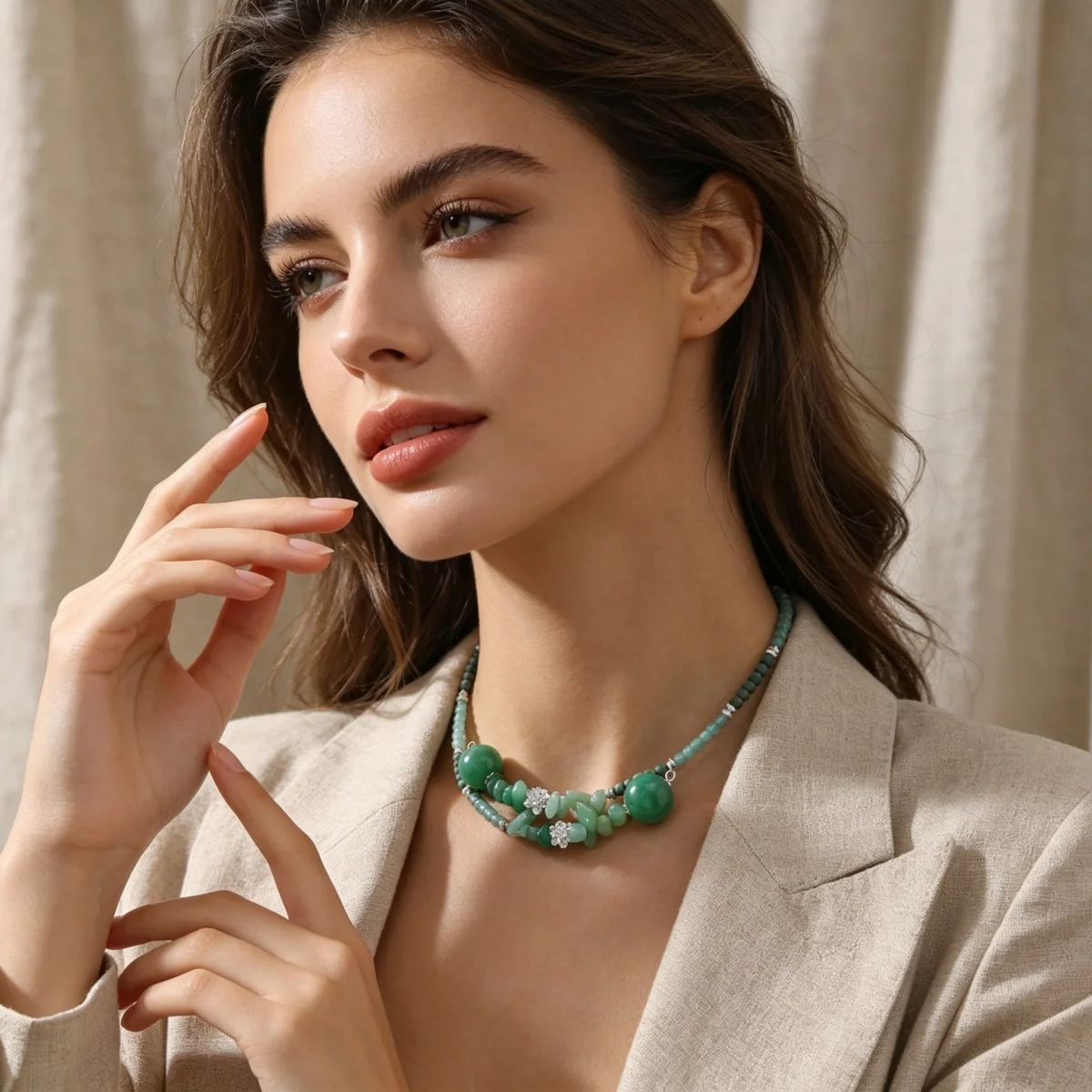 Vintage Ethnische Grüne Naturstein-Halskette mit Unregelmäßigen Perlen für Frauen und Männer, Chinesischer Stil, Silberfarbener Lotusblumen-Choker Schmuck – Detail 14