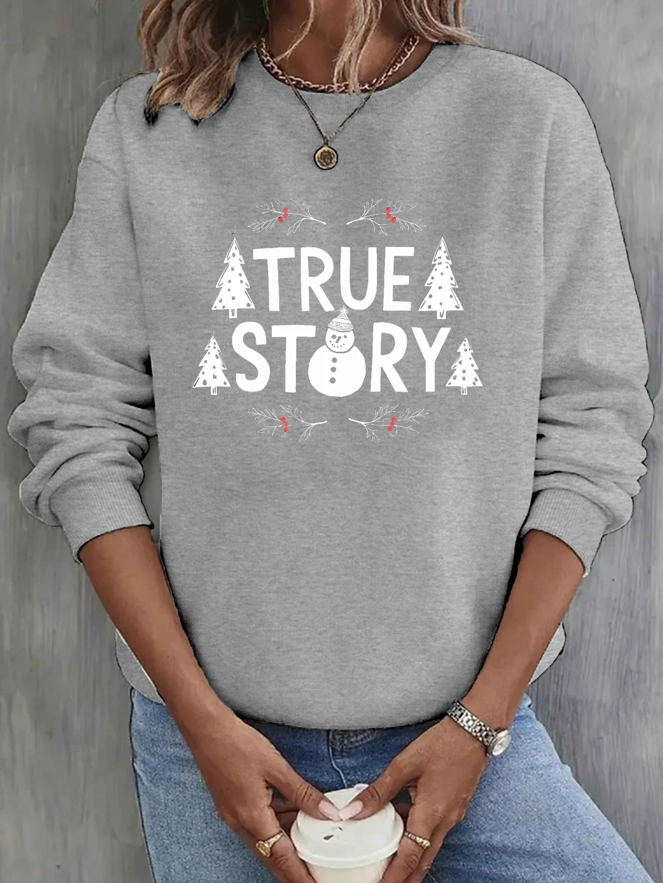 

True Story Snowman Illustration Graphic Print Sweatshirt, Crew Neck Casual Sweatshirt for Fall & Spring, Women's Clothing
