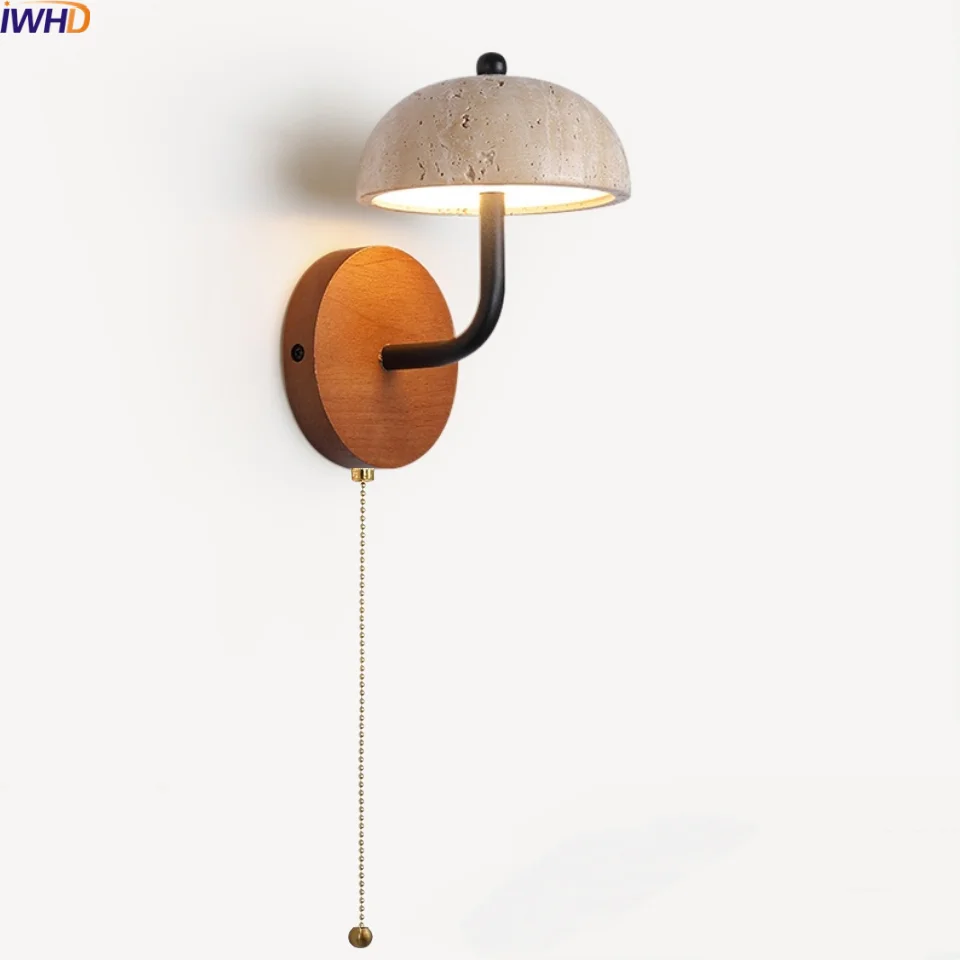 

IWHD Modern Reading LED Wall Lamps For Bedroom Bedside Yellow Travertine Wood Black Iron Stair Light Fixture Lighting Wandlamp