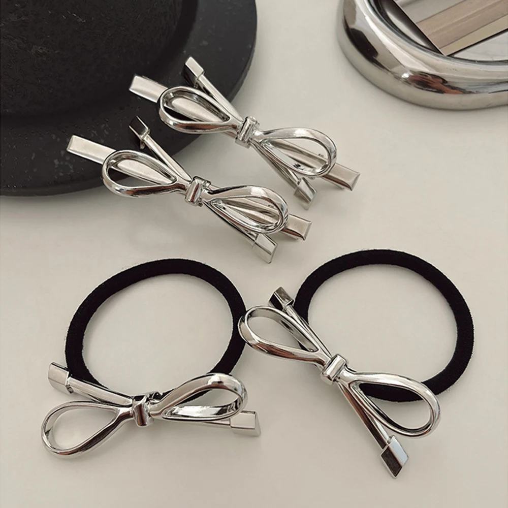 Korean Sweet Bowknot Hair Rope Alloy Bow Pendant Scrunchie Elastic Hair Bands Hairpins Ponytail Holder women Hair Accessories