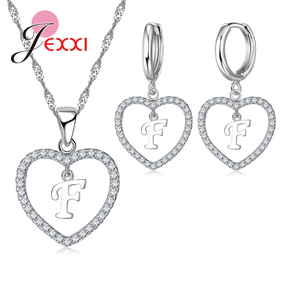 Genuine 925 Sterling Silver Jewelry Sets 26 Letters Design Love Heart Shape Necklace And Earring Alphabet Women Bijoux