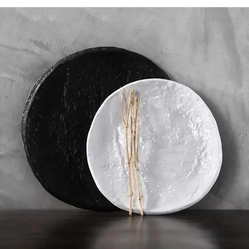 

Black and White Ceramic Tray 10 Inch Round Solid Color Stone Household Tableware Sushi Plate Steak Snack
