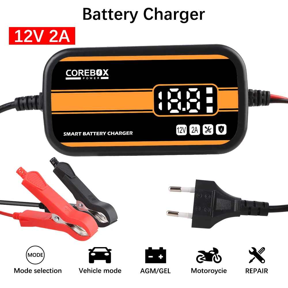 Cargador de batería inteligente para motocicleta y coche, para coche/RV/ATV/barco automático con pantalla LCD, cargador de Gel AGM de plomo y ácido, 12V, 2A