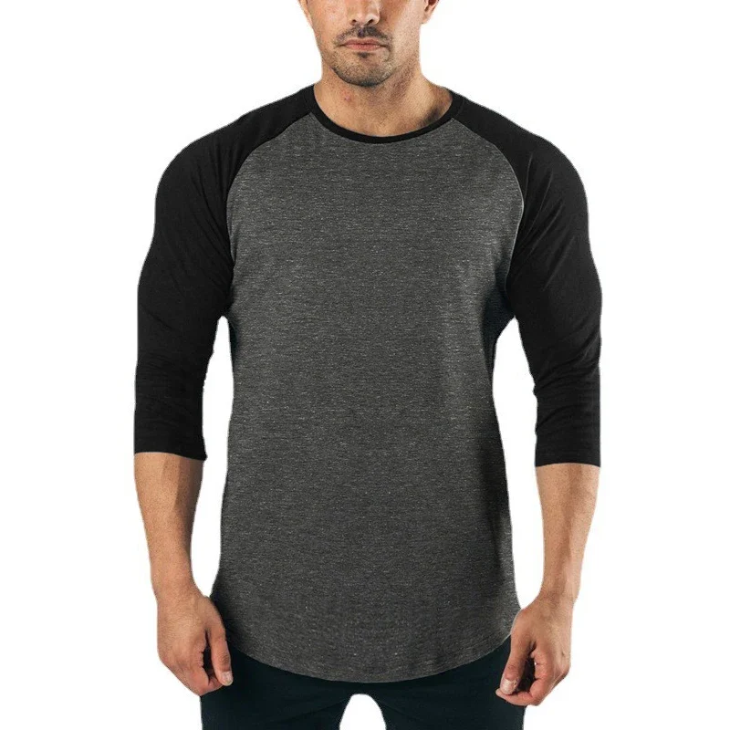 Zwykła koszulka fitness z rękawami trzy czwarte męska odzież treningowa bawełniana oddychająca koszulka Slim Fit siłownia kulturystyka topy umięśnione — zdjęcie 6