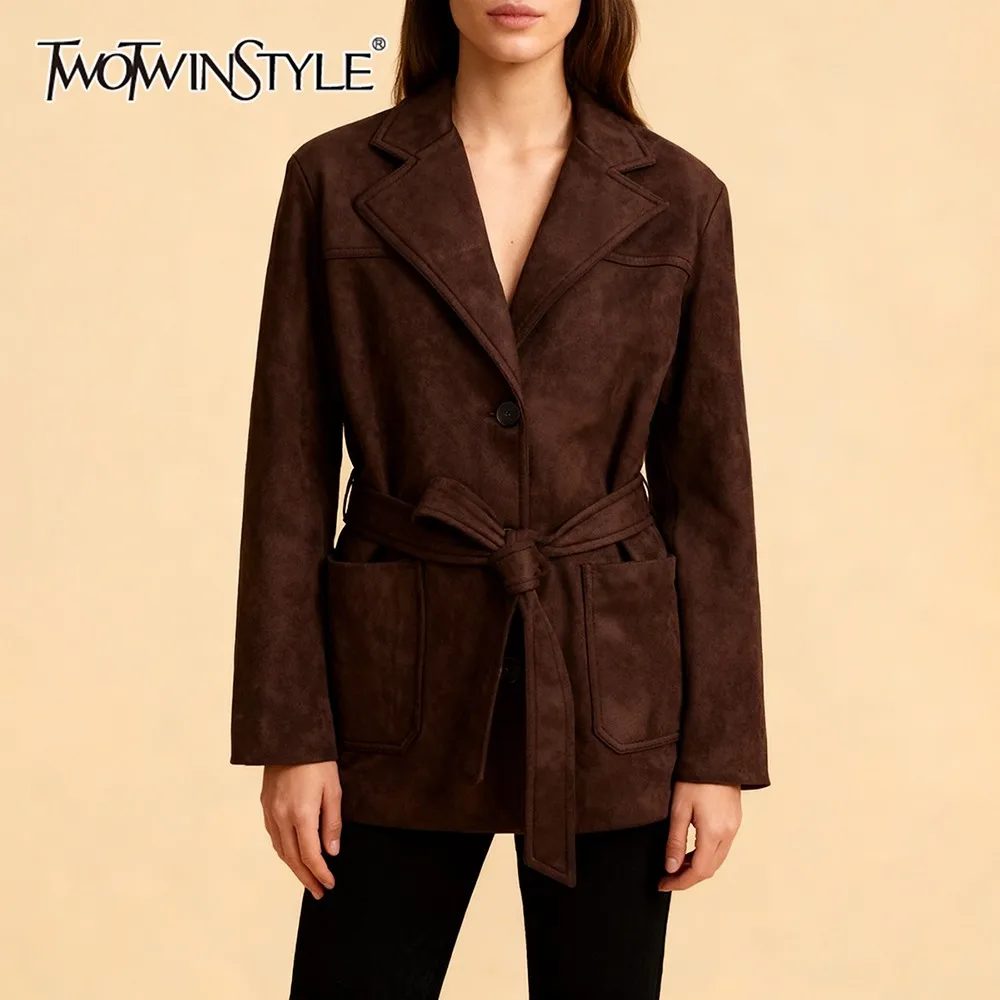 

TWOTWINSTYLE Khaki Vintage Slim Jacekt for Women Lapel Long Sleeve Patchwork Lace Up Commuter Style Coat Female Winter Clothing
