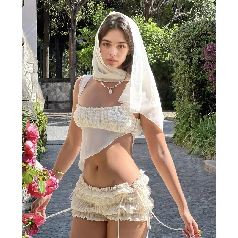French Style Summer Sexy Spicy Girl Backless Three Piece Island Vacation Half Length Pleated Skirt Slim Swimwear Outfit