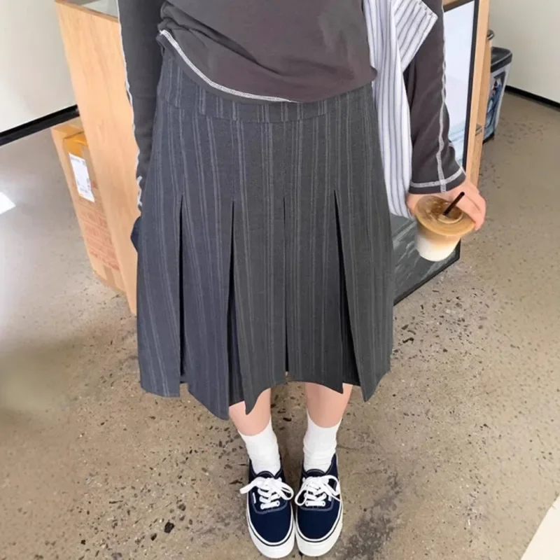 Japanese Gray Striped Pleated Skirt Women's Spring Retro Texture Suit Skirt Design Sense A Word High Waist Skirt