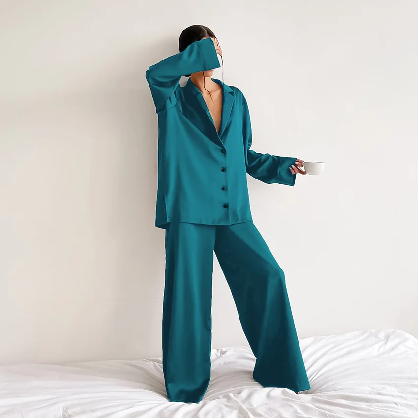 Women 2 Piece Outfits Silky Satin Pajamas Set New Spring Autumn Casual Sleepwear Woman Solid Cardigan Tops Trousers Loungewear 