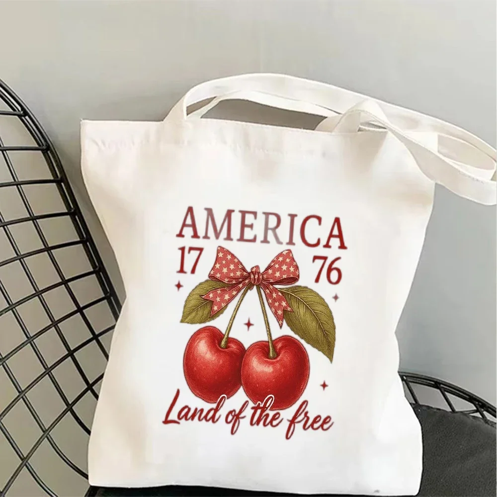 1pc Stylish Coquette Cherry Print Canvas Tote Bag, Shoulder Bag, Cute Bow & Slogan Design Bag for School Work & Casual Outings