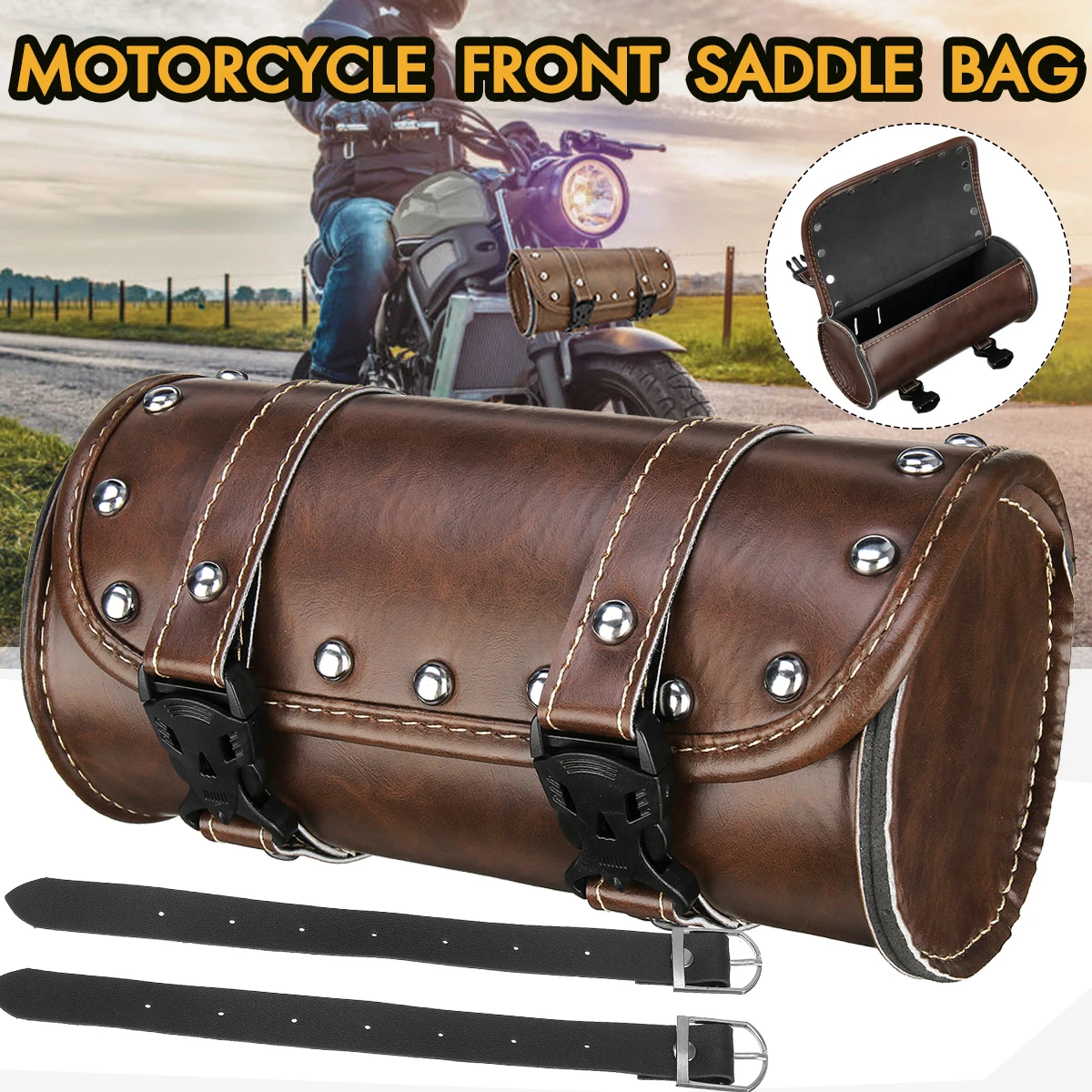 

Universal Motorcycle Tool Bag Waterproof Leather Front Fork Handlebar Toolkit Vintage Tool Roll Storage Barrel Cruiser Saddlebag