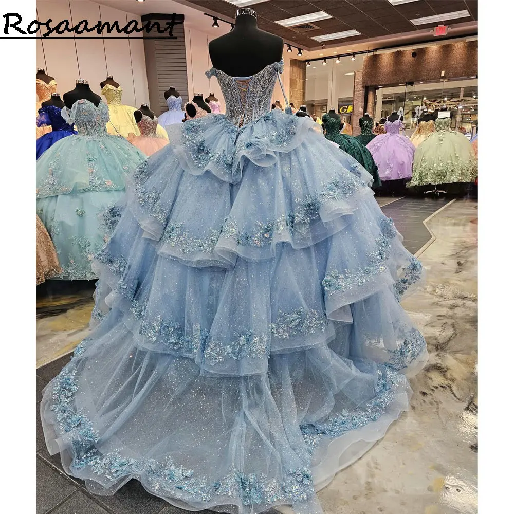 Vestidos Quinceanera de cristal, sem o ombro, babados espartilho, vestido de baile 3D, azul claro, 15 anos