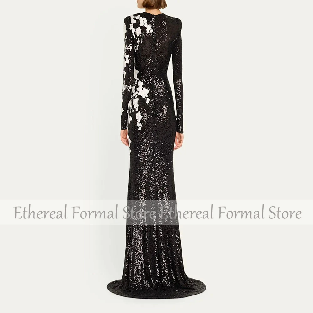 Modern Black Women's Evening Gown Mermaid Floor Length Formal Party Dress O Neck Appliques Saudi Dress Lonf SleevesProm Dress - Image 2