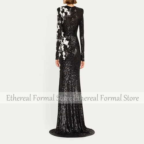 Imagen 2 del producto Vestido de noche negro moderno para mujer, vestido de fiesta Formal hasta el suelo de sirena con apliques de cuello redondo, vestido saudí con mangas Lonf, vestido de fiesta