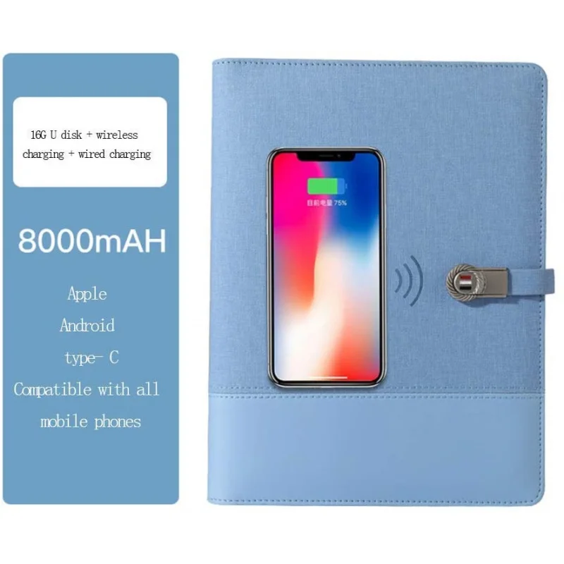 Customized product.A5 Notebook Custom Logo Diary 8000mah Wireless Charging Powerbank Notebook with USB