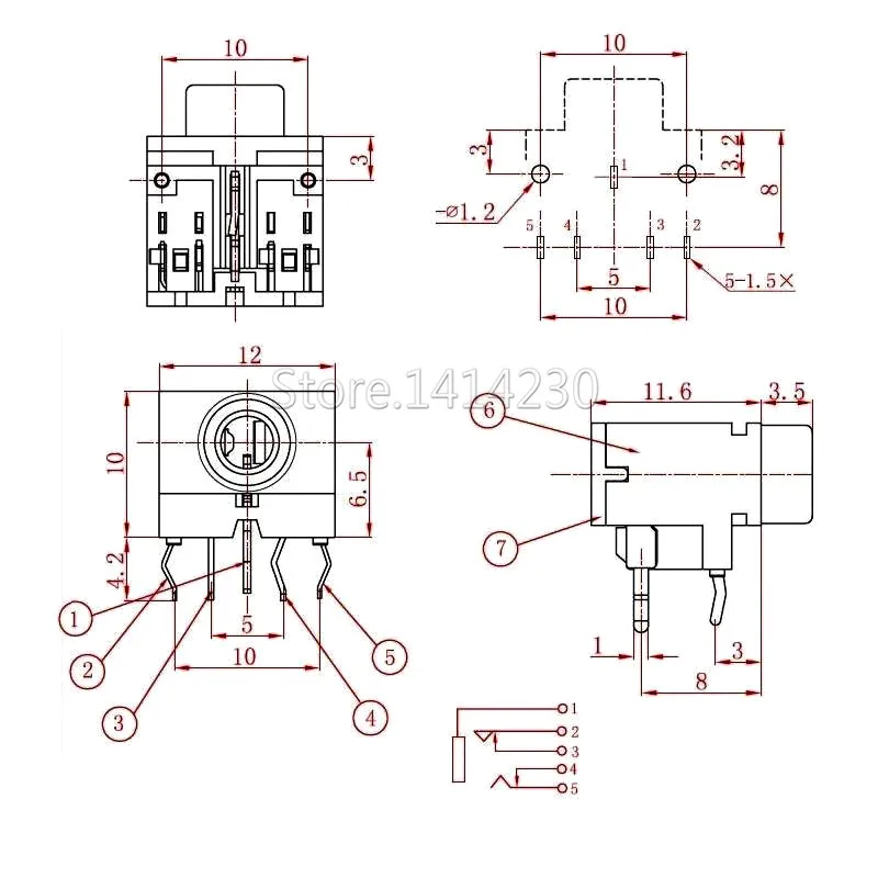 헤드폰 잭 소켓 PJ-317, 스테레오 암 소켓, 3.5 오디오 잭 커넥터, PCB PJ-317, 5 핀, 3.5mm, 10 개