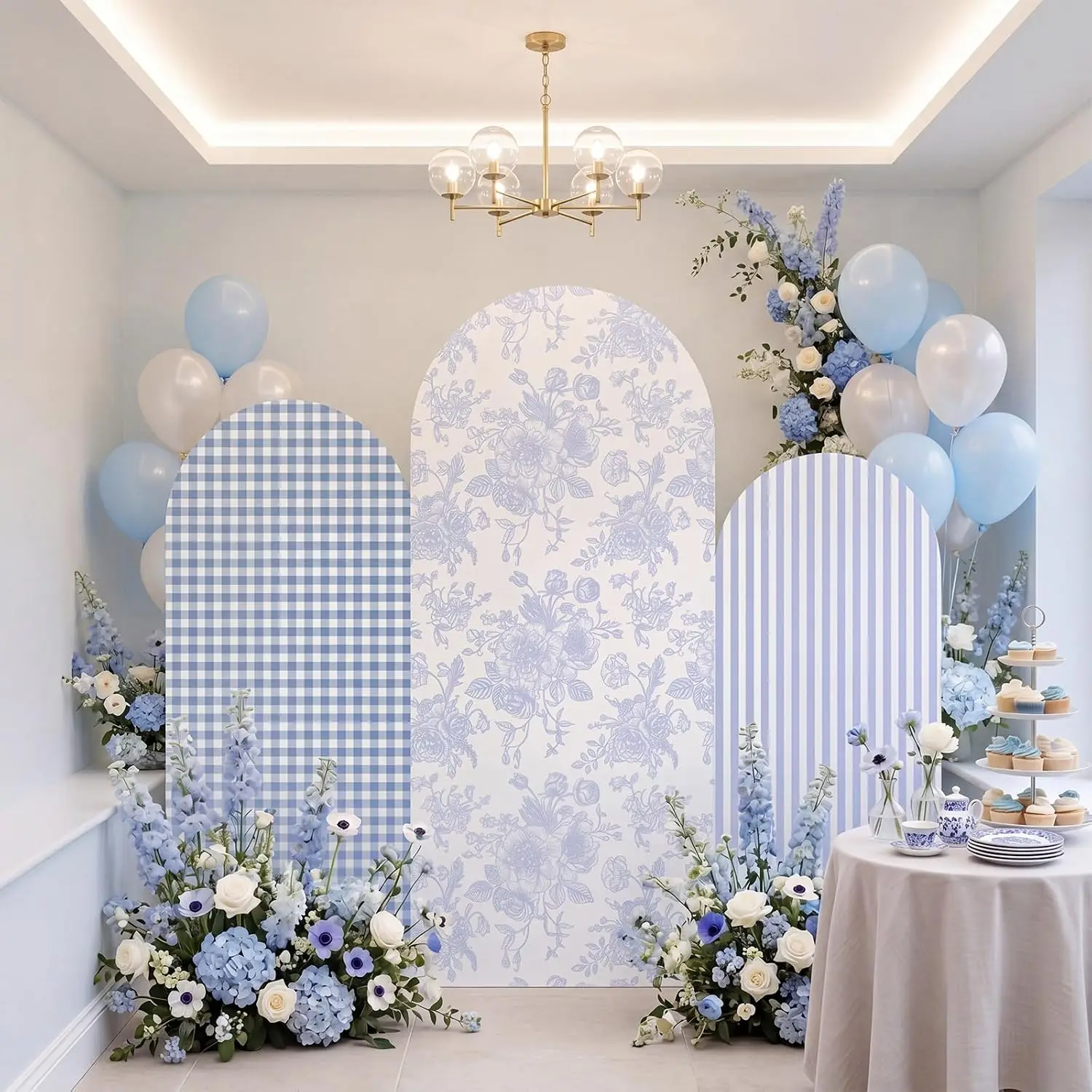 2-sided Blue Chinoiserie Floral Arch Background Cover Gingham Patterns Stripes Backdrop Wedding Birthday Party Baby Shower Decor