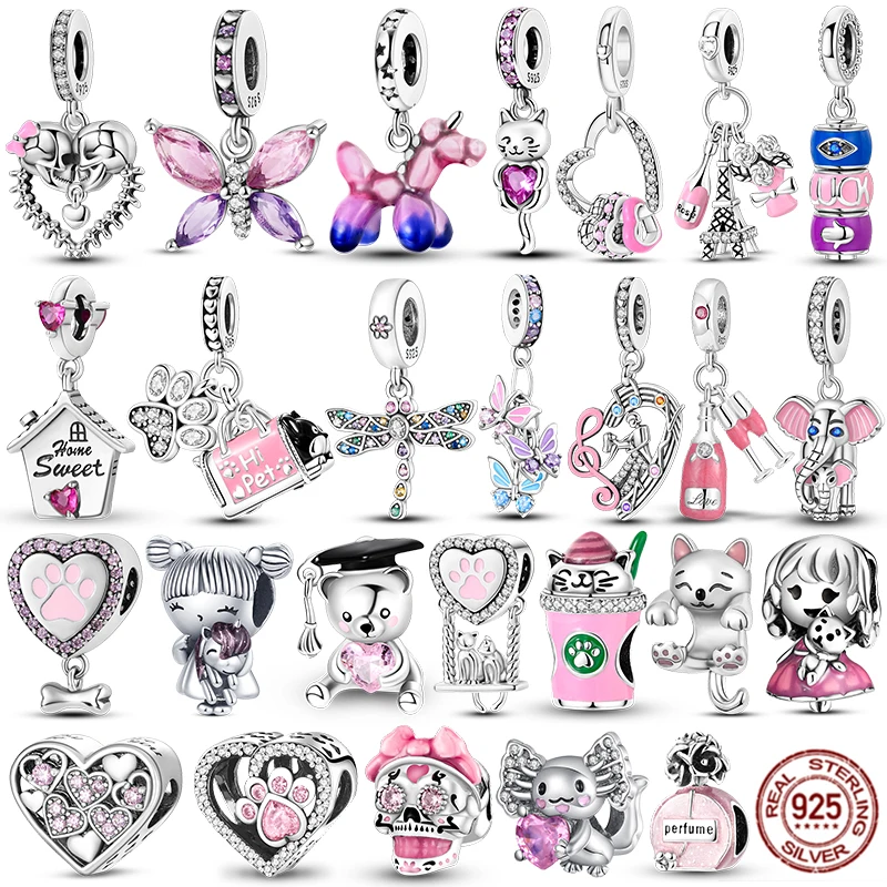 New 925 Sterling Silver Pink Series Heart Butterfly Charms Beads Fit Pandar 925 Original Bracelets DIY Halloween Jewelry Gift