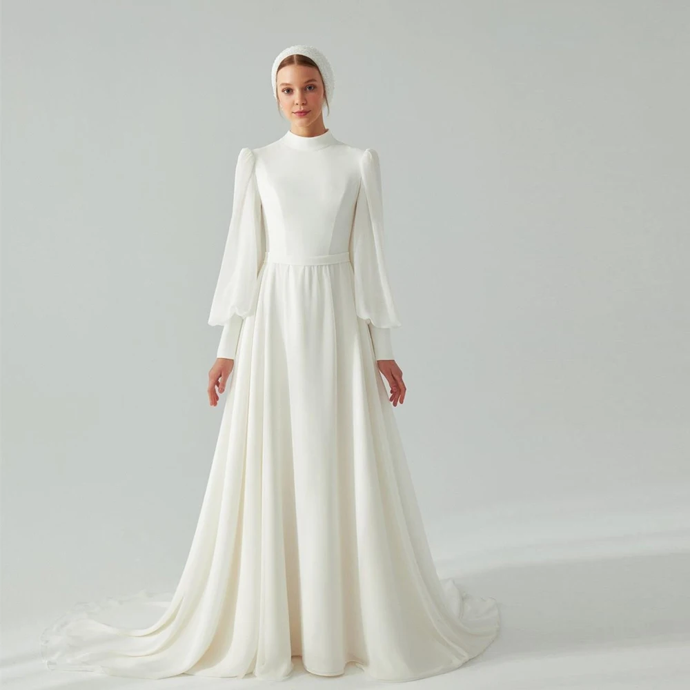 YCJ Gaun Pengantin Lengan Puff Muslim A Line Kerah Tinggi Gaun Pengantin Ritsleting Tulle Disesuaikan Pesta Pernikahan Vestido De Novia