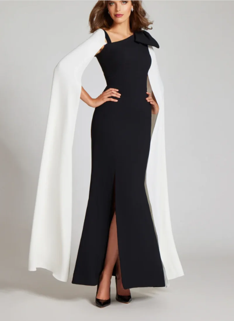 Customized Long Black Mother of the Brides Dresses With Cape Mermaid Crepe One Shoulder Ankle Length Godmother Dress for Women