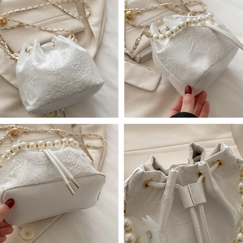 エレガントなレースの巾着ハンドバッグ、パールビーズのショート - Beaded Trim Fringe のレビューと価格
