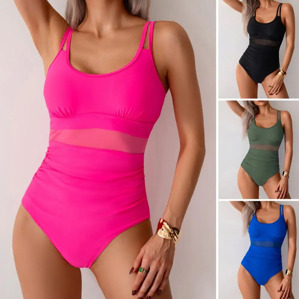 Vintage Mesh Patchwork One Piece Swimsuit Women Black Double Strap Pleate Transaprent Slim Tummy Control Swimwear 2025 Monokini