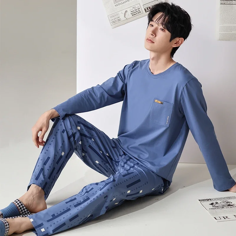 

Men's Two-Piece Pajamas Autumn New Cotton Men's Pajamas Long-Sleeved Pant Student Teenage Homewear Suit pyjamas men Dropship