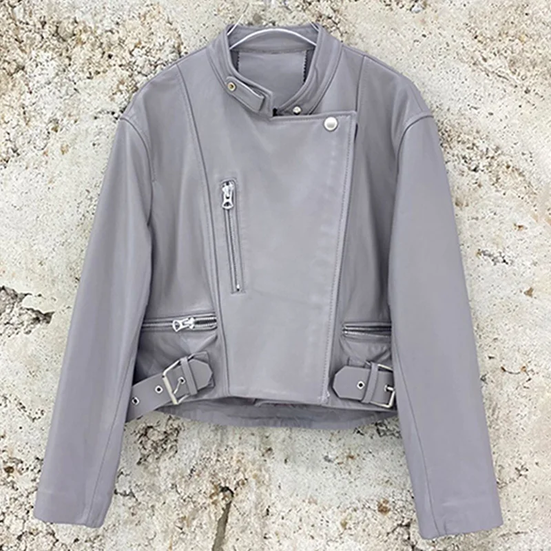 Vestes de moto en cuir véritable pour femmes, coupe-vent solide manteaux courts à fermeture éclair, nouvelle mode hiver 2022 Streetwear 5060