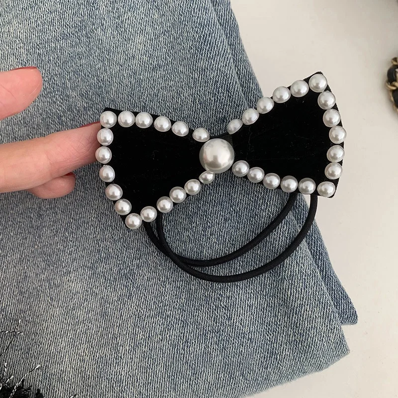 Vintage Pearl Black Velvet Bow Elastic Hair Bands Hair Accessories for Women Girls Fashion Ponytail Holder Hair Ties Scrunchie