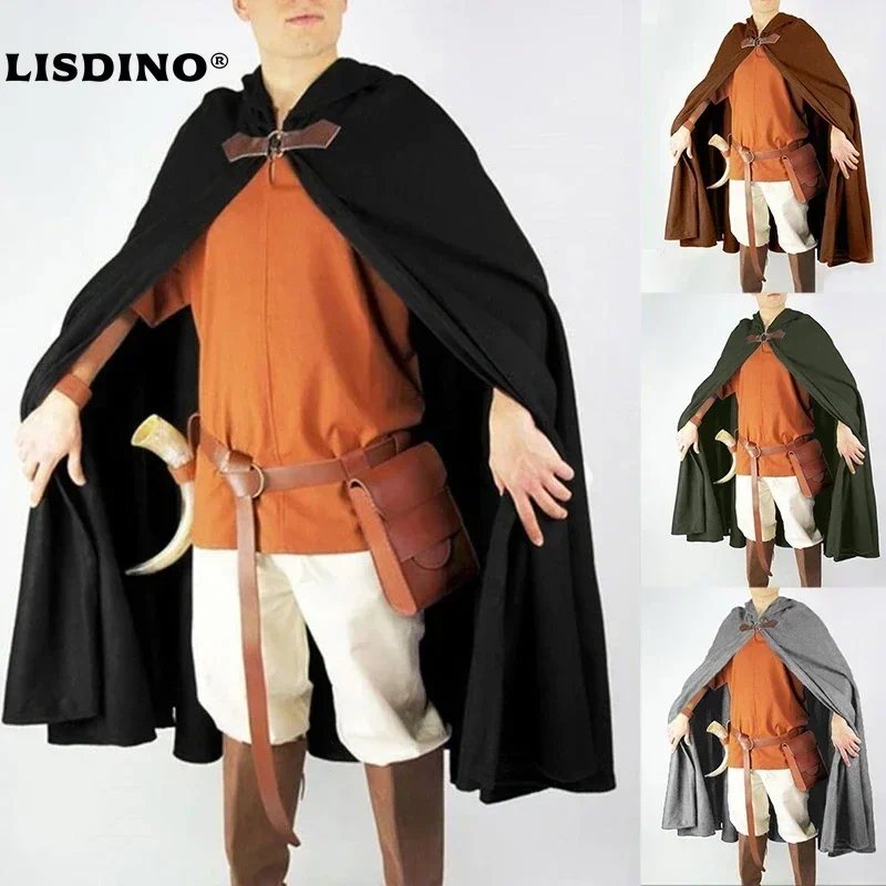 

1Medieval Cloak Men Retro Hooded Long Cape Coat Pirate Viking Cos Halloween Party Gothic Cosplay Costume Halloween Black Cloaks