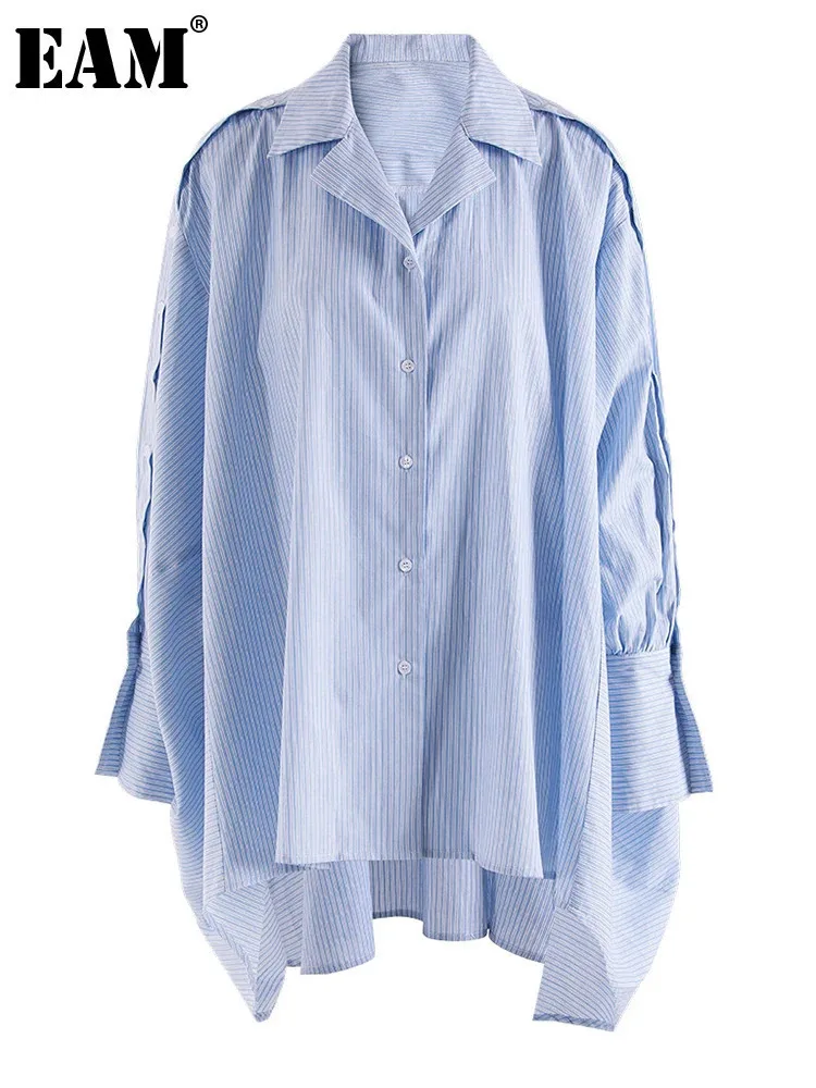 [EAM] Women Blue Striped Button Two Ways Wear Big Size Blouse New Lapel Long Sleeve Shirt Fashion Tide Spring Autumn 2024 YX0321