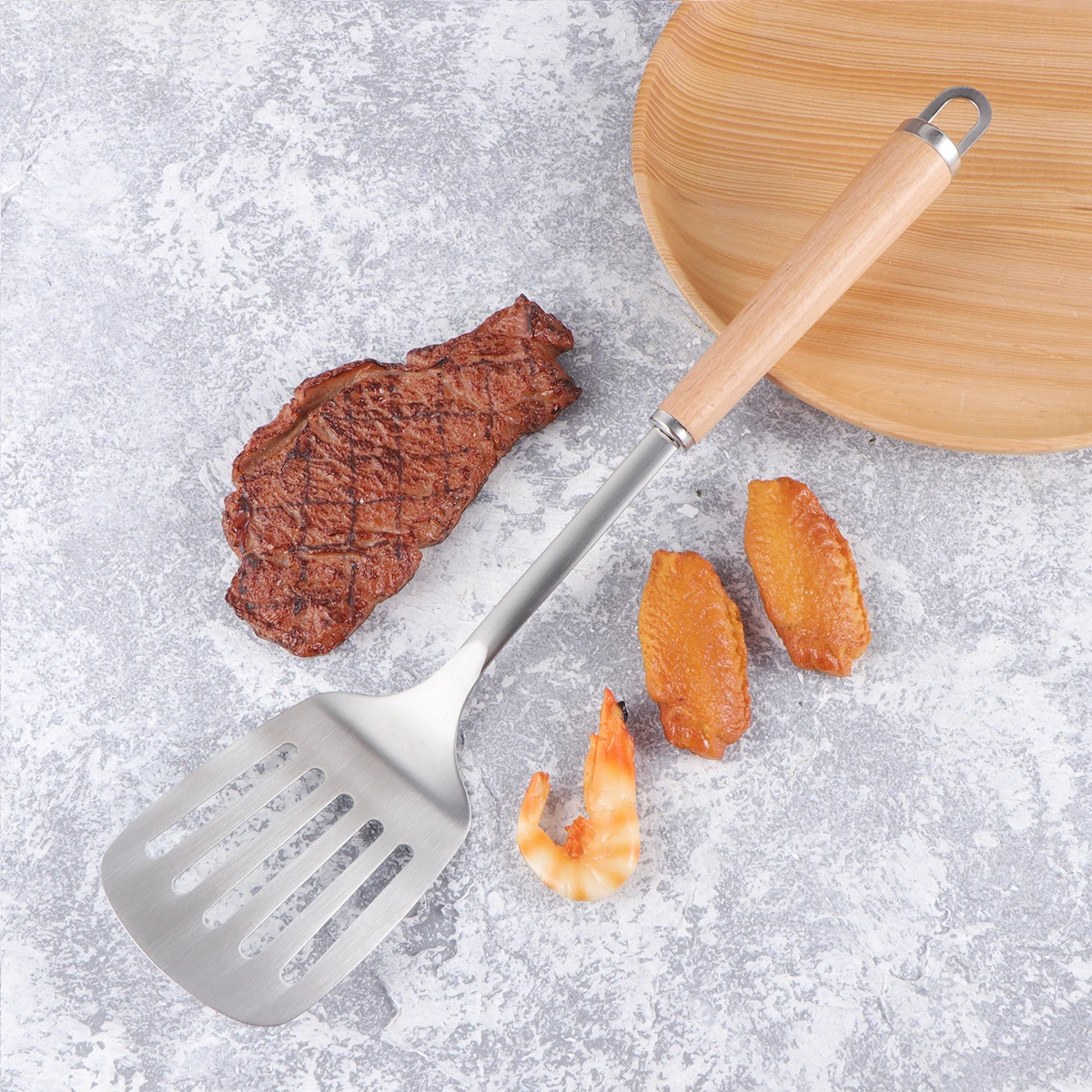 Espátula de cocina de acero inoxidable 304, volteador con ranura, pala para pescado, cocina, hogar, filete, pastel de mariscos, herramienta de drenaje Flexible de acero
