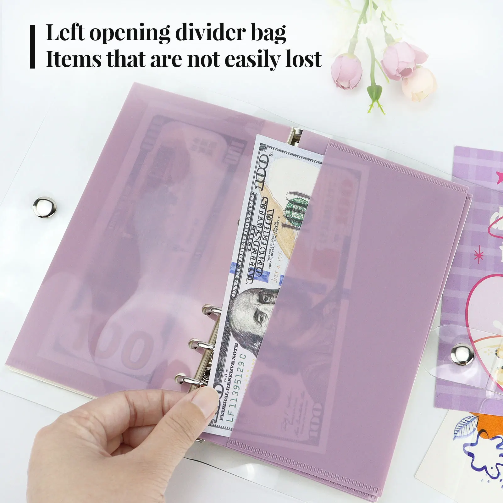 A6 5Pcs Colorful Binder Pockets Binder Zipper Folders for 6Ring Notebook Divider Page Waterproof PVC Leaf Document Filing Bag