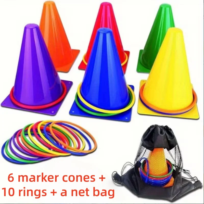 16 PCS 3 in 1 Carnival Outdoor Games Combo Set for Kids, Soft Plastic Cones and Ring Toss Game, Gift for Birthday Party/Xmas