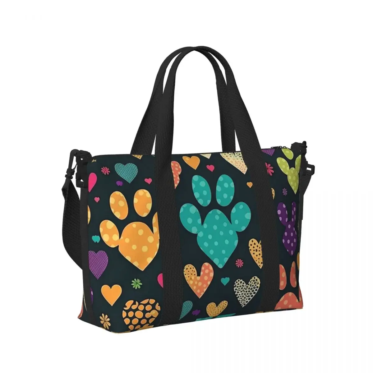 

Colorful Abstract Heart Dog Paw Print Beach Travel Bag Large Capacity Tote Bags for Gym Sport Women Shopping Duffle Shoulder Bag