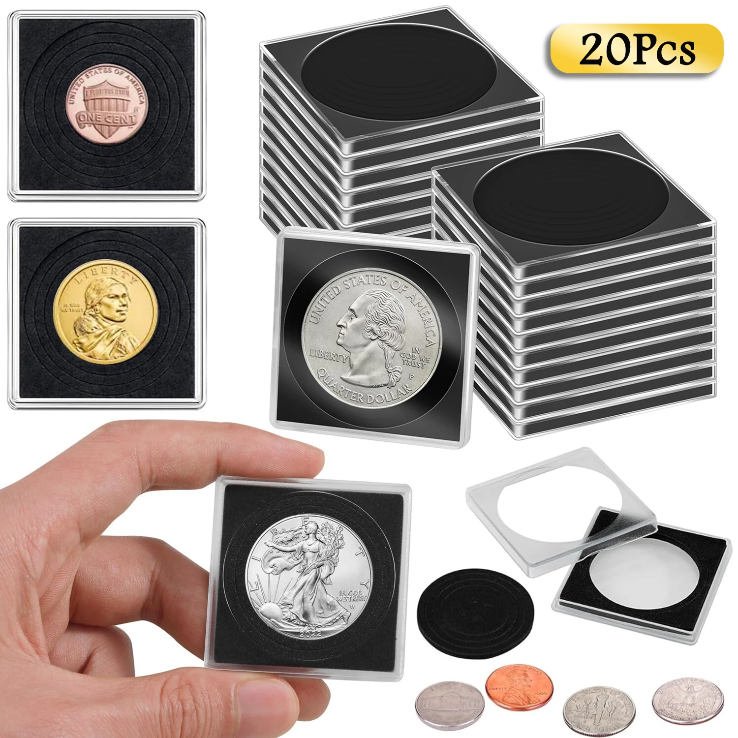 20 Pcs Clear Coin Snap Holders with Sponges Adjustable Coin Capsules for Coin Storage Collection Supplies Business Presents