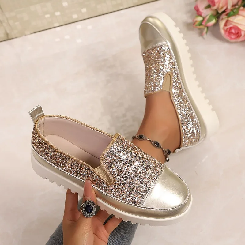 

Women Sneakers 2026 New Style Slip on Thick Bottom Designer Shoes Casual Sequin Versatile Loafers Comfortable Female Sneakers