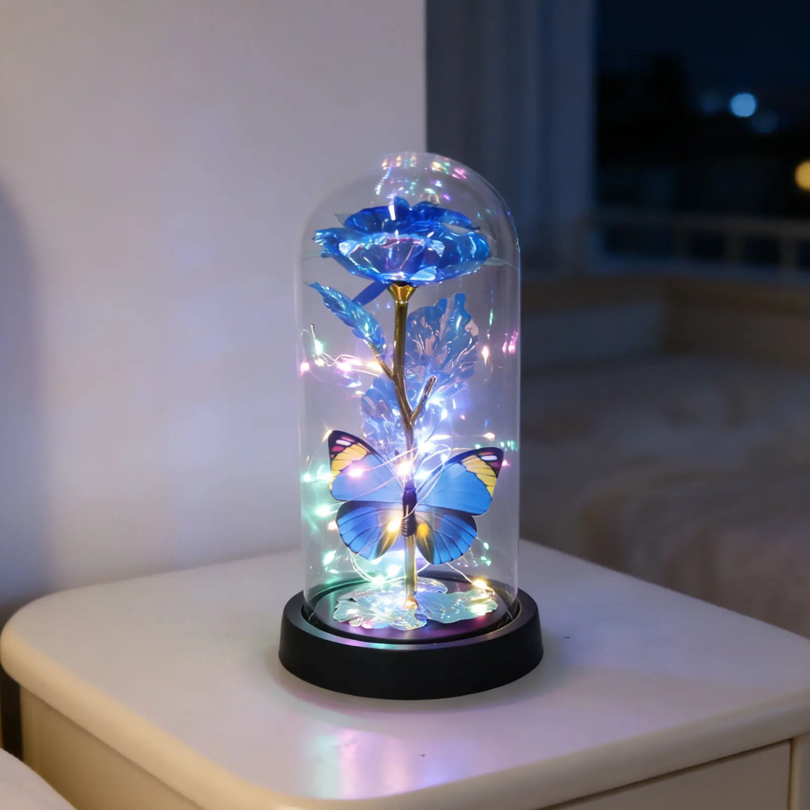 

Preserved Rose Glass Dome Flower Lamp Night Light LED Glowing Rose Eternal Flower Ornament Butterfly for Valentine's Day