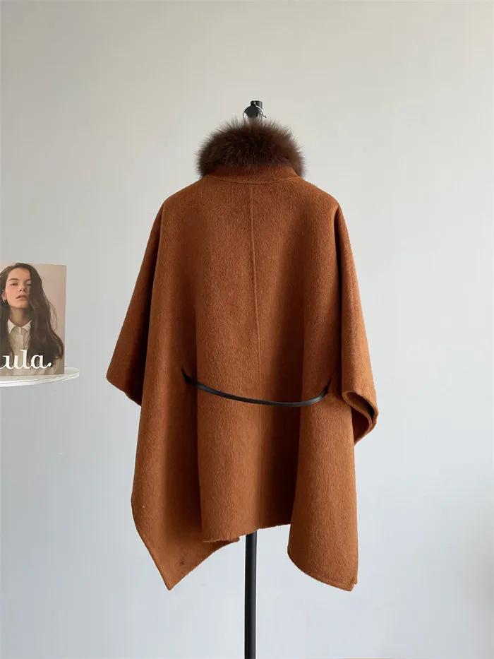 Korean Lazy Luxury Women Cape Double Faced Wool Coat Fox Fur Collar Buckle Belt Loose Woolen Outerwear Autumn Winter Hand Sewn