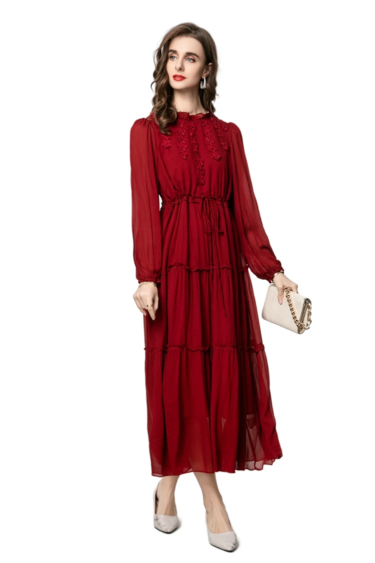 女性のドレス O ネック長袖花柄アップリケエレガントなファッションデザイナーパーティードレス Vestidos