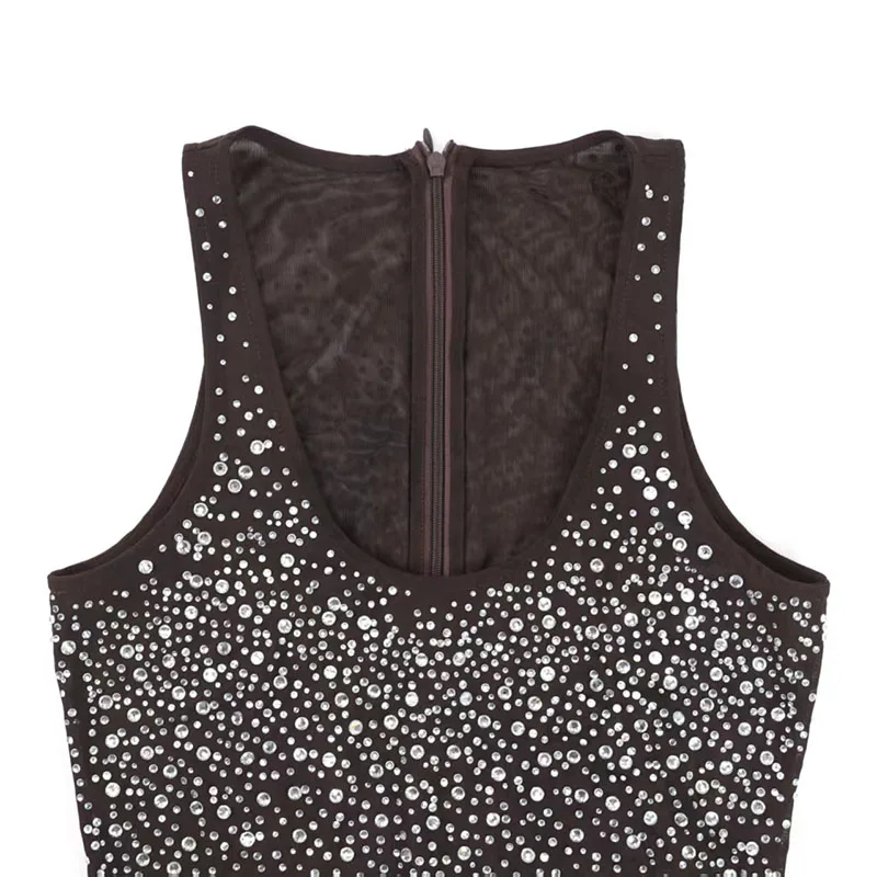 

New sexy sleeveless mesh one-piece women's black shiny diamond decorated slimming base layer tank top